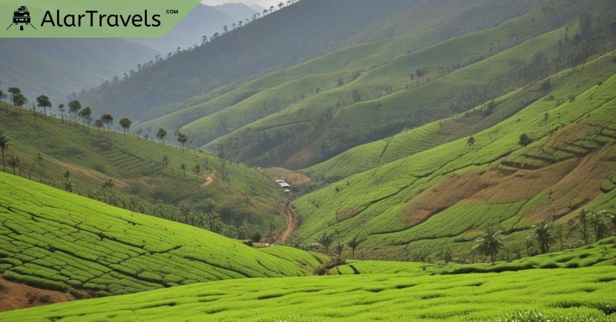10 Romantic & Affordable Weekend Getaways for Couples 5 Expansive green hills with scattered trees and a small dirt road in a lush valley under a clear sky. "Alar Travels" logo in the top left corner.